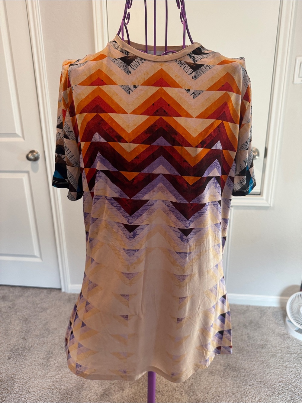Paco Rabanne Red Orange Purple Chevron Short Sleeve Top